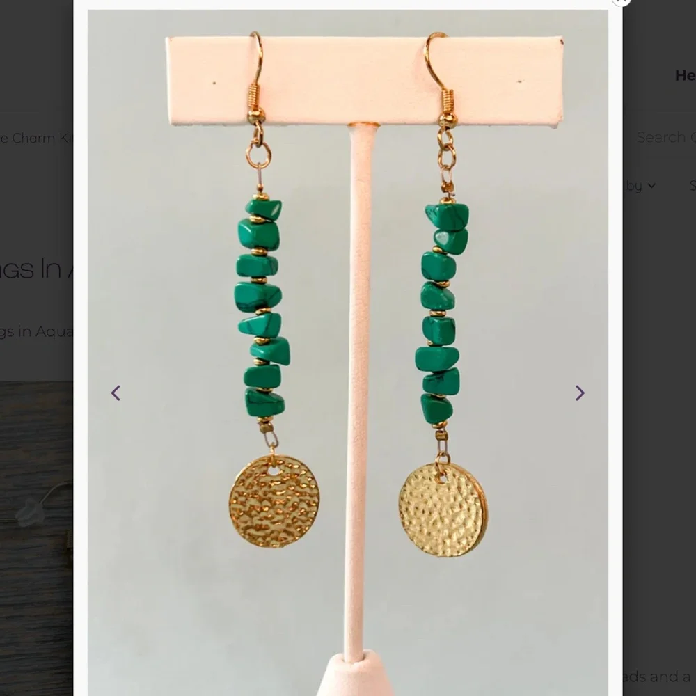 Boho “ Daphne “ Gold Dangle Earrings with Aquamarine Beads R4A - Picture 3 of 3
